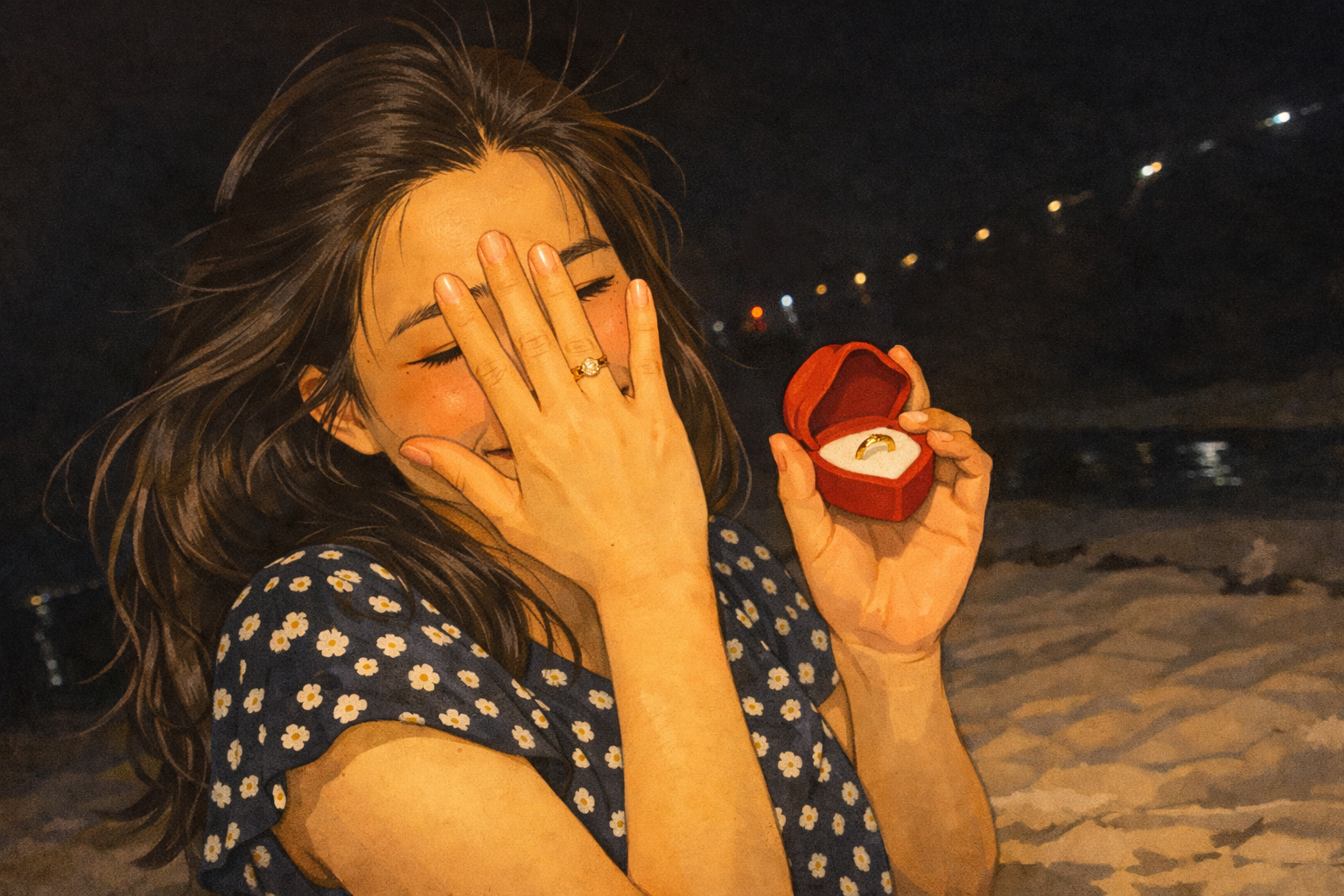 Mia on a dark beach at night, holding an open red ring box with an engagement ring, smiling. Ghibli styled from a real photograph.